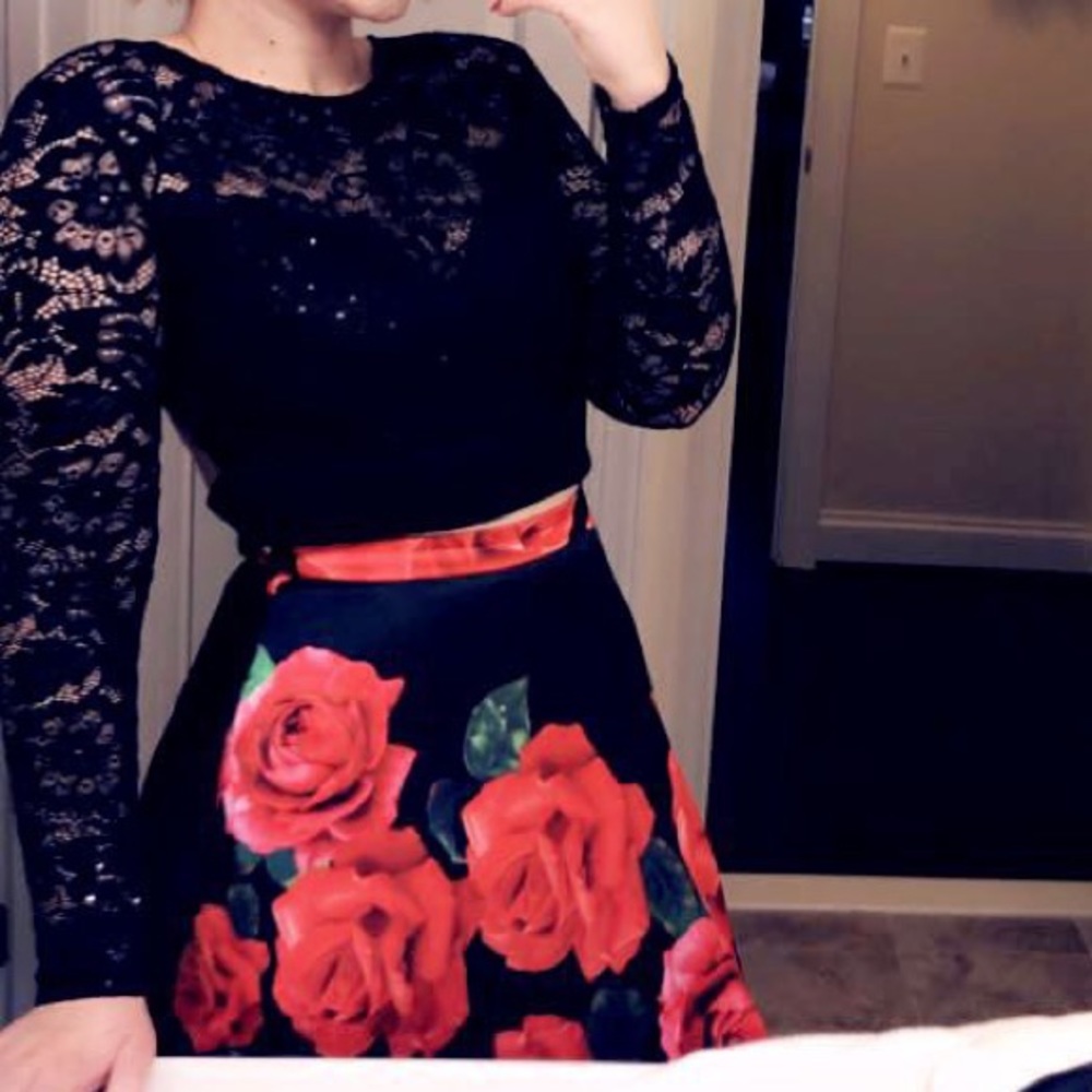 ROSE AND BLACK TWO PIECE PROM DRESS
